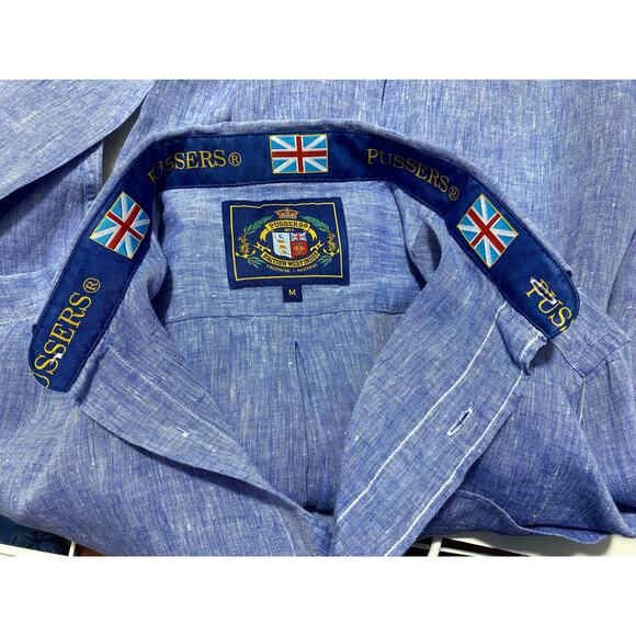 PUSSERS Linen Button-Up Shirt – Blue – Size M – Embroidered Collar & Logo - Picture 6 of 11